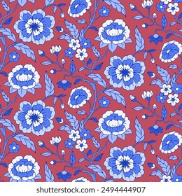 Seamless pattern with monochrome blue chinoiserie hand drawn motifs. Floral wallpaper with chinese style ornament.