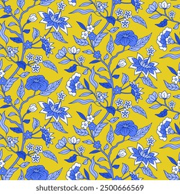 Seamless pattern with monochrome blue chinoiserie hand drawn motifs. Floral wallpaper with orintal folk style ornament.