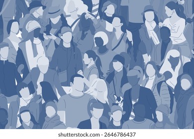 Seamless pattern with monochrome blue crowd of different people, men and women. Diversity concept. Pedestrians at rush hour walking. Vector illustration.