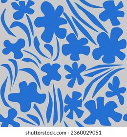 Seamless pattern with monochrome blue flower shapes, floral print, walppaper, background.