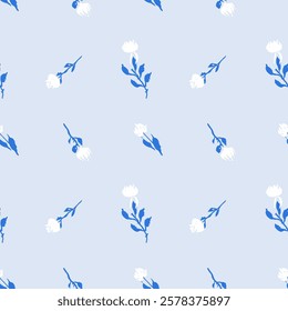 Seamless pattern with monochrome blue hand drawn flowers. Loose botanical repeat background. Rough florals wallpaper.