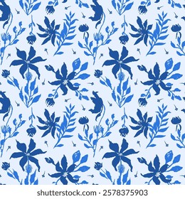 Seamless pattern with monochrome blue hand drawn flowers. Loose botanical repeat background. Rough florals wallpaper.