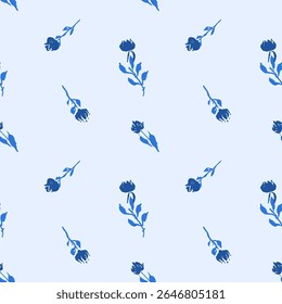 Padrão contínuo com flores desenhadas à mão azul monocromático. Fundo de repetição botânica solta. Papel de parede de florais ásperos.