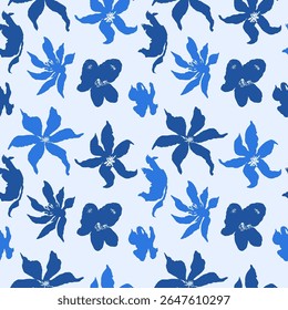 Padrão contínuo com flores desenhadas à mão azul monocromático. Fundo de repetição botânica solta. Papel de parede de florais ásperos.