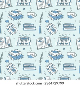 Seamless pattern with monochrome books. Educational Vector illustration. Stack of books, vase, vertical books, cup of tea, fairy tales. Reading books concept. World book day. Minimalism background.
