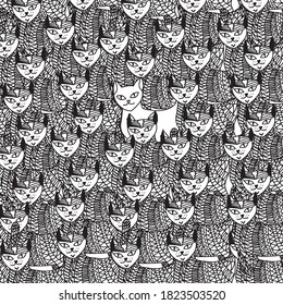 Seamless pattern from monochrome cats. A cat of patterns and only one white. Made using doodle technique. Black and white drawing. Suitable for anti-stress coloring, fabric and office decoration.