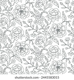 Seamless pattern with monochrome chinoiserie hand drawn motifs. Floral wallpaper with black and white chinese style ornament.