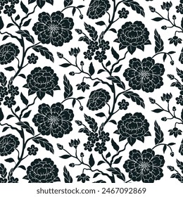 Seamless pattern with monochrome chinoiserie hand drawn motifs. Floral wallpaper with black and white chinese style ornament.