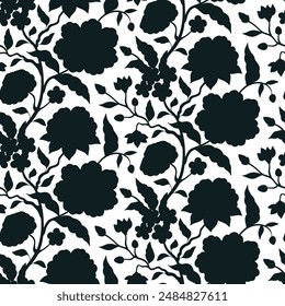 Seamless pattern with monochrome chinoiserie hand drawn motifs. Floral wallpaper with black and white chinese style ornament.