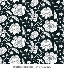 Patrón sin costuras con motivos monocromos dibujados a mano de chinoiserie. Fondo de pantalla floral con adorno de estilo chino blanco y negro.