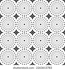 Patrón sin inconvenientes monocromo, puntos circulares en bucle con estrellas de cuatro puntas, baldosas, rayas de tela, manteles.