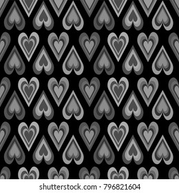 Seamless pattern of monochrome color outlines of hearts on black background. Vector illustration in black and white colors. 