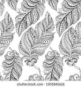 seamless pattern in monochrome colors, abstract feather ornament, antistress picture