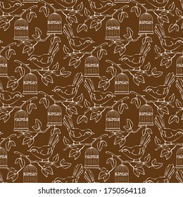 seamless pattern, in monochrome colors, bird on a branch, cage, ornament for wallpaper and fabric, wrapping paper