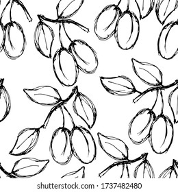 seamless pattern in monochrome colors, branch with plums, ornament for wallpaper and fabric, paper for design