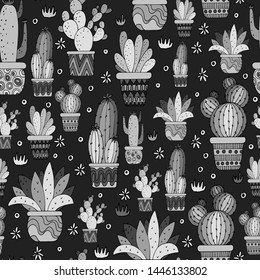 seamless pattern in monochrome colors, cacti in pots