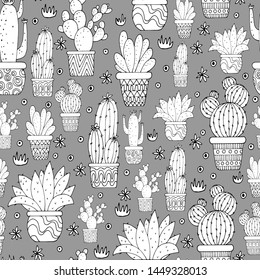 seamless pattern in monochrome colors, cacti in pots