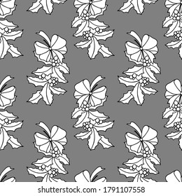 patrón sin fisuras en colores monocromos, rama de navidad con bayas de mistletoe, cinta, , adorno para papel de pared y tela, papel de reserva de recortes