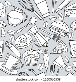 Seamless pattern in monochrome colors with elements of kitchen items