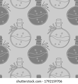 seamless pattern in monochrome colors,  magic drink, bottle with poison, background for wallpaper and fabric, scrapbooking paper