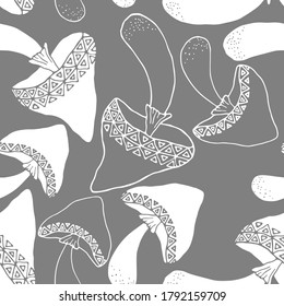 seamless pattern in monochrome colors, mushrooms with ornaments, children's drawing, background for wallpaper and fabric, scrapbooking paper