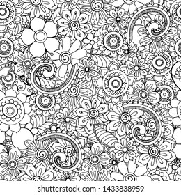 seamless pattern in monochrome colors, with plant decorative elements, coloring antistress