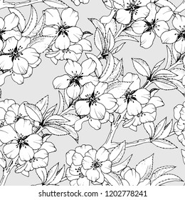 seamless pattern in monochrome colors with sakura flowers