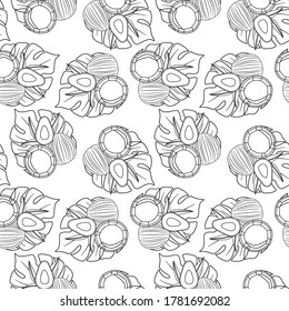 patrón sin fisuras en colores monocromos, plantas tropicales, coco, fruta, adorno para papel pintado y tela, papel envolvente, scrapbooking