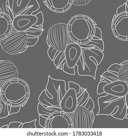 patrón sin fisuras en colores monocromos, plantas tropicales, coco, fruta, adorno para papel pintado y tela, papel envolvente, scrapbooking
