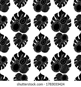 seamless pattern in monochrome colors, tropical plants, coconut, fruit, ornament for wallpaper and fabric, wrapping paper, scrapbooking