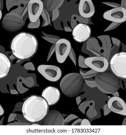 seamless pattern in monochrome colors, tropical plants, coconut, fruit, ornament for wallpaper and fabric, wrapping paper, scrapbooking