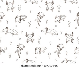 Seamless pattern with monochrome contour axolotl in different poses