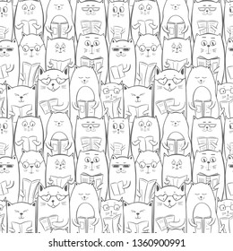 Seamless pattern with monochrome crowd of cats reading books, newspapers, magazines, flyers, leaflets, brochures. World book day concept. Easy recoloring background. Vector.