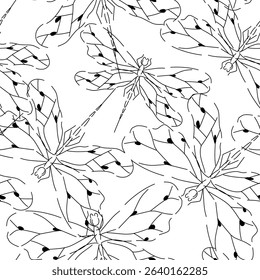 Seamless pattern with monochrome detailed dragonflies, black outlines on white background. Could be used as print for textile, wallpaper, card, texture. 