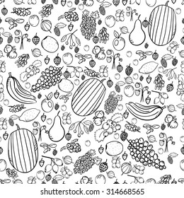 Seamless pattern with monochrome doodle fruits and berries on white background. Cute vector illustration 