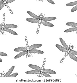 Seamless pattern of monochrome dragonfly illustration. Vector illustration template