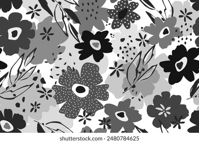 Seamless pattern of monochrome drawings of outlines of flowers and leaves. Trendy botanical background. Abstract flowers, leaf silhouettes, spots, dots. Hand drawing. Vector illustration