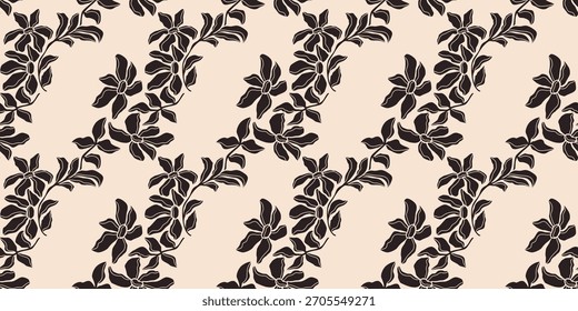 Patrón sin fisuras con diseño floral monocromo. Abstractas negro, dibujado a mano, Grandes flores y hojas primitivas sobre fondo beige. Impresión moderna diagonal. Patrón de moda para la tela, textiles, ropa