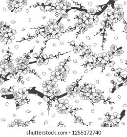 Seamless pattern with monochrome flowering tree branches. Endless texture decoration with black and white flowers and flying petals. Vector outlined illustration.