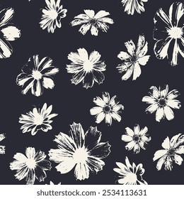 Seamless pattern with monochrome flowers blooms stamps. Nature black and white grunge background. Floral inky repeat design.