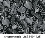 Seamless pattern with monochrome flowers in silver shades on grey for textiles and design. Vector illustration