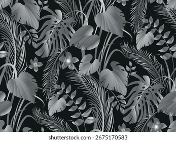 Seamless pattern with monochrome flowers in silver shades on grey for textiles and design. Vector illustration