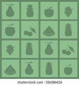 Seamless pattern with monochrome fruits on green background