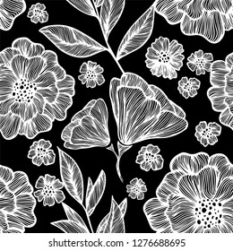 Seamless pattern monochrome graceful flowers. Vector