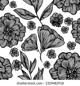 Patrón sin fisuras de flores elegantes monocromáticas. Vector