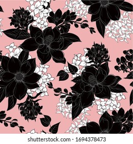 Patrón transparente con flores gráficas monocromas para el diseño textil. Vector