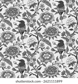 Padrão sem costura com chinoiserie monocromática cinza desenhada à mão flores e pássaros. Papel de parede floral com ornamento de ramos de estilo chinês. Ilustração vetorial.