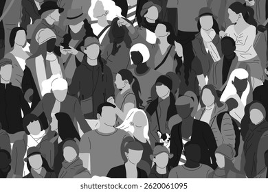 Seamless pattern with monochrome gray crowd of different people, men and women. Diversity concept. Pedestrians at rush hour walking. Vector illustration.