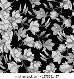 seamless pattern in monochrome gray, with magnolia branches, wallpaper ornament, wrapping paper