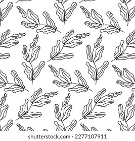Seamless pattern with monochrome hand drawn plant elements on white background. Vector illustration for wrapping.